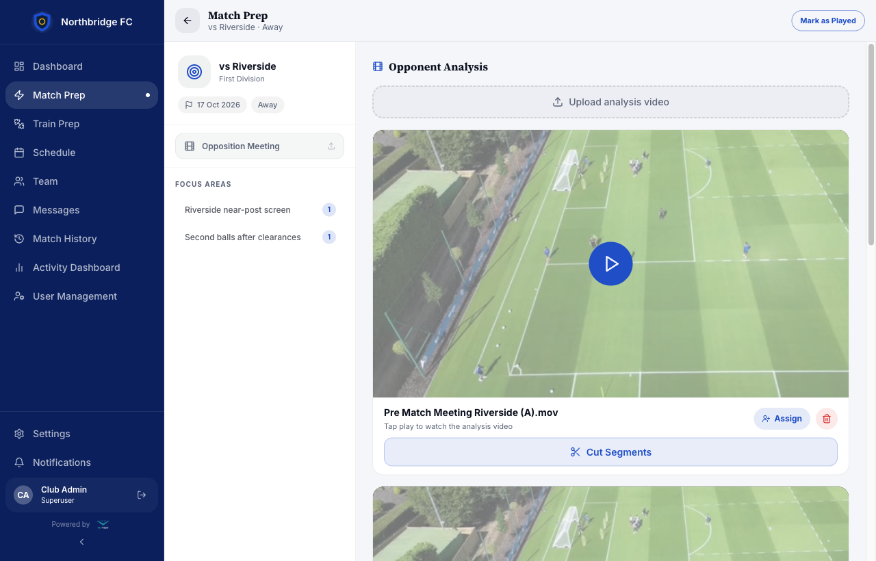 Match Prep: opposition meeting recording, focus areas and cut segments for the next match